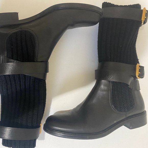 Authentic Gucci Combat Boots (38) - Knit Style Top with Leather/Gold Buckles - Picture 2 of 9